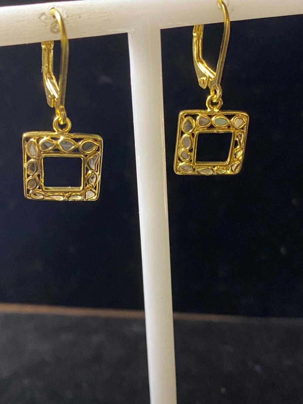 925 Sterling Silver Natural Diamond Gold Plated Square Earrings